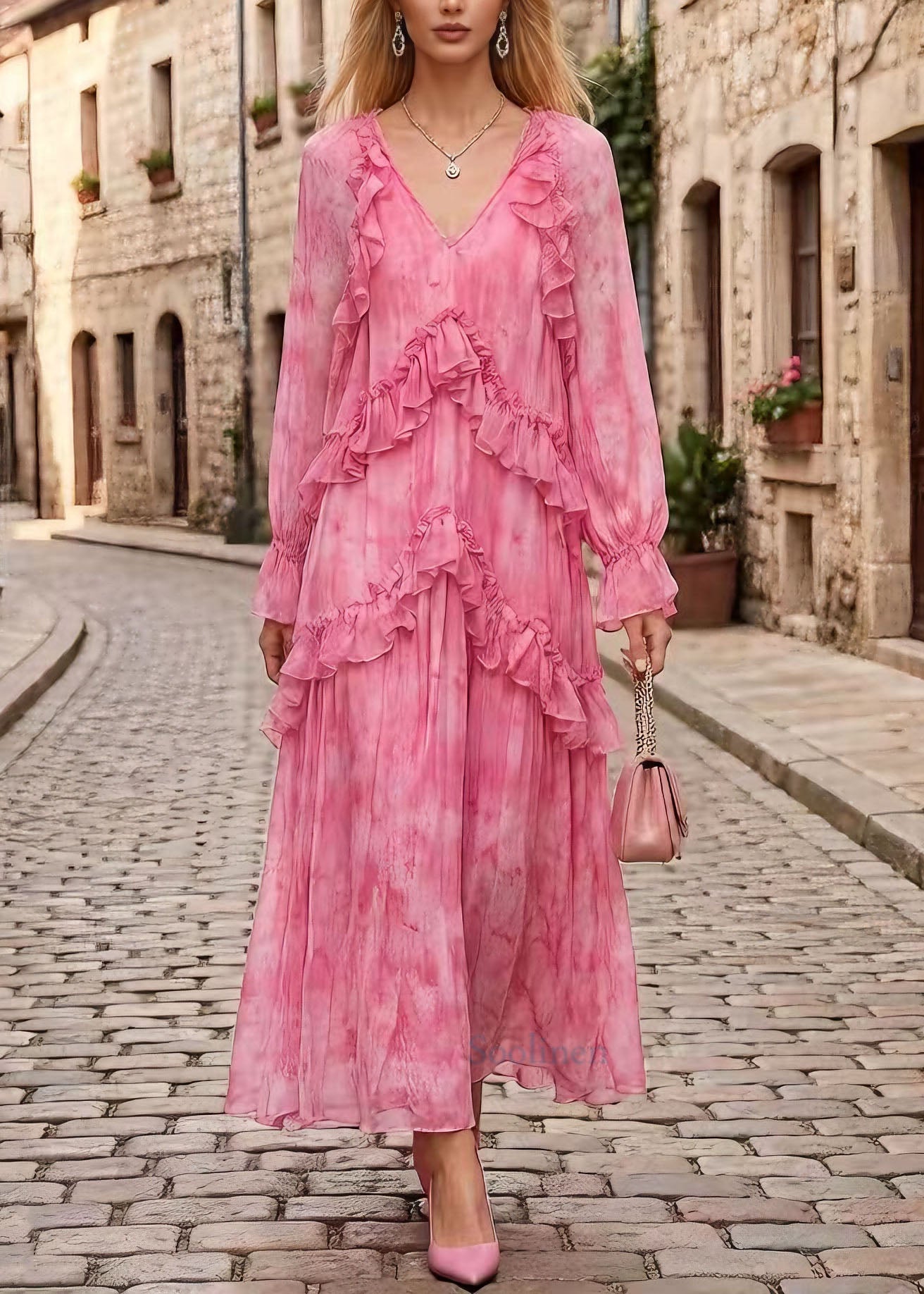 Stylish Pink V Neck Ruffled Patchwork Chiffon Dress Spring