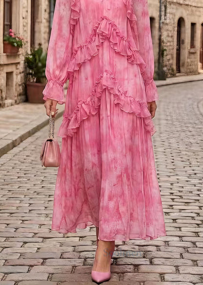 Stylish Pink V Neck Ruffled Patchwork Chiffon Dress Spring