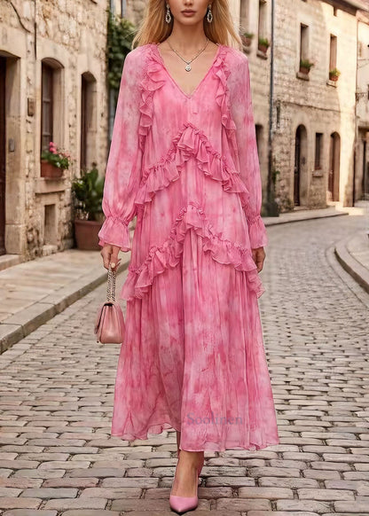 Stylish Pink V Neck Ruffled Patchwork Chiffon Dress Spring