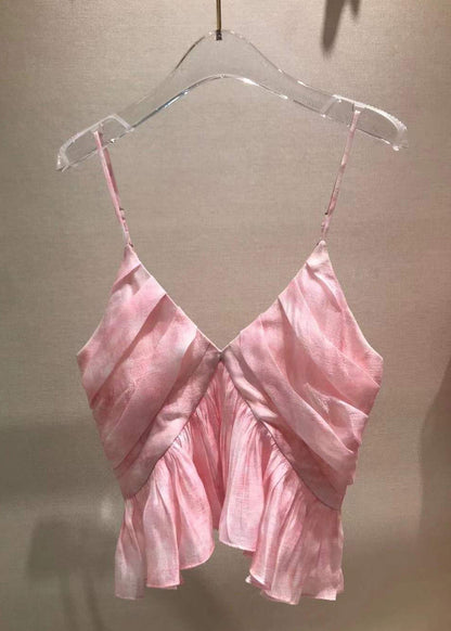 Stylish Pink V Neck Wrinkled Spaghetti Strap Tank Sleeveless