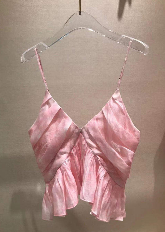 Stylish Pink V Neck Wrinkled Spaghetti Strap Tank Sleeveless