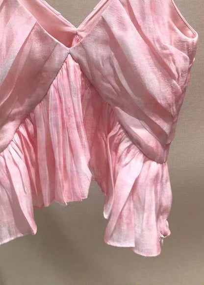 Stylish Pink V Neck Wrinkled Spaghetti Strap Tank Sleeveless