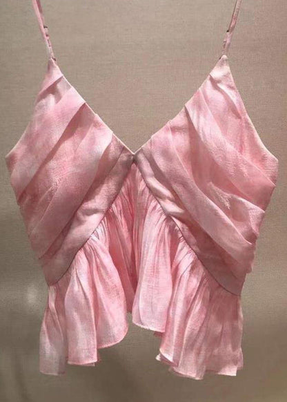 Stylish Pink V Neck Wrinkled Spaghetti Strap Tank Sleeveless