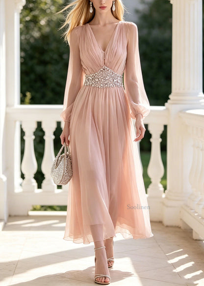 Stylish Pink V Neck Zircon Patchwork Chiffon Dress Summer