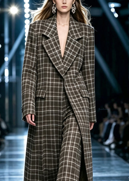 Stylish Plaid Long Coats And Wide Leg Pants Two Pieces Set Long Sleeve