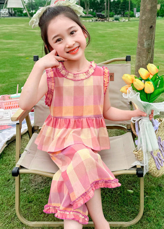 Stylish Plaid Patchwork Kids Top And Wide Leg Pants Two Pieces Set Sleeveless
