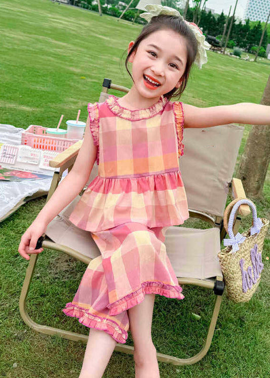 Stylish Plaid Patchwork Kids Top And Wide Leg Pants Two Pieces Set Sleeveless