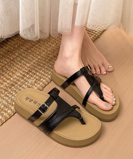 Stylish Platform Flip Flops Black Faux Leather