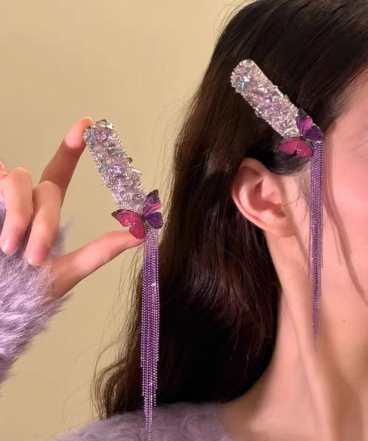 Horquilla de una sola pieza con borla de mariposa y circonita de aleación morada y elegante