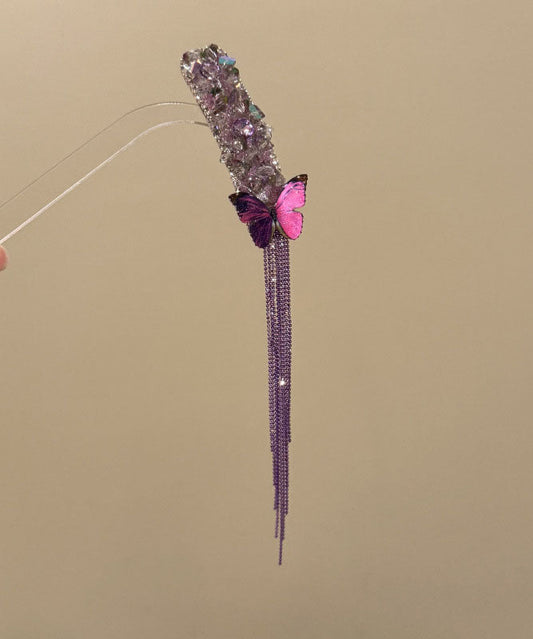 Horquilla de una sola pieza con borla de mariposa y circonita de aleación morada y elegante