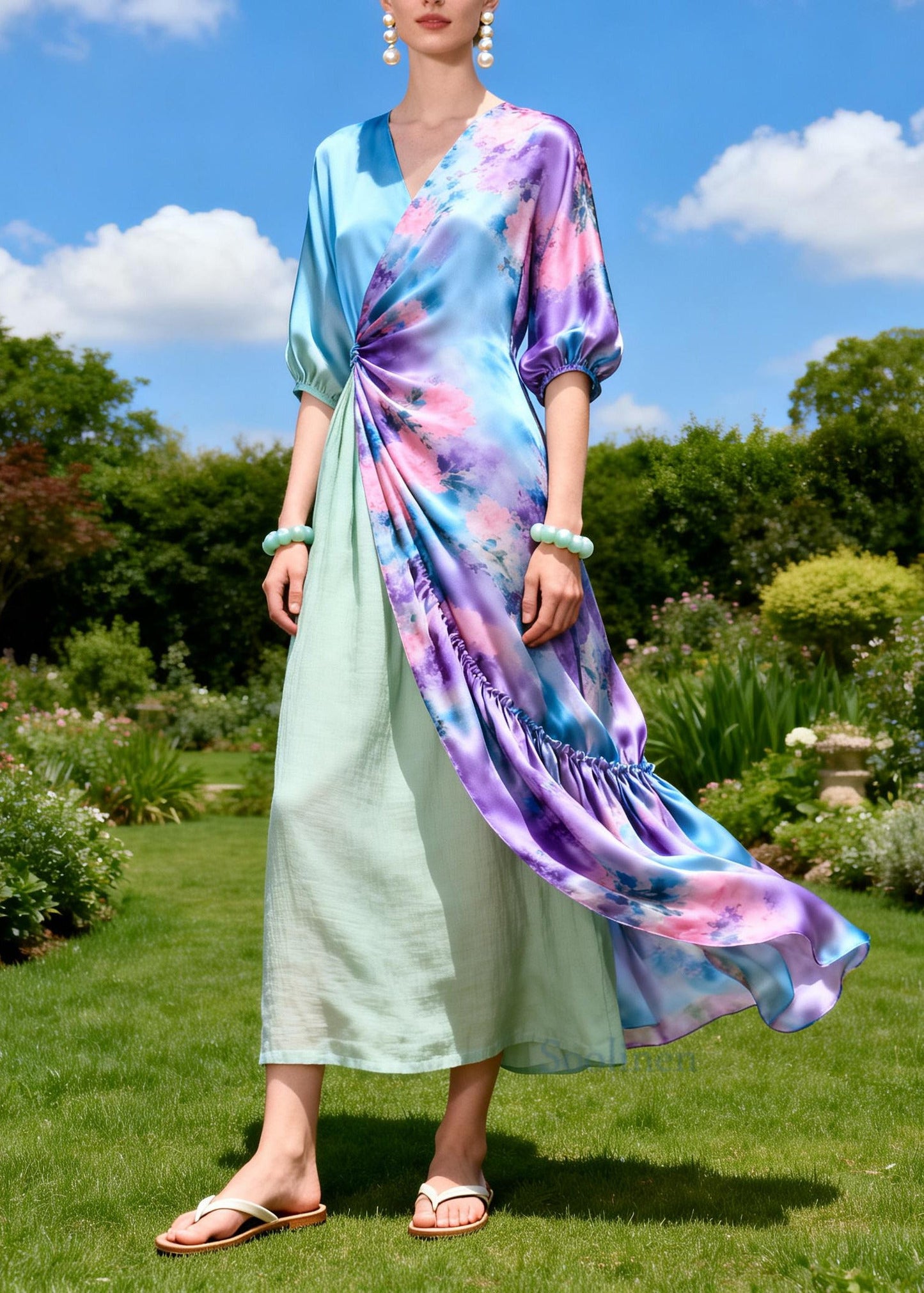 Stylish Purple Asymmetrical Patchwork Tie Dye Silk Long Dress Summer