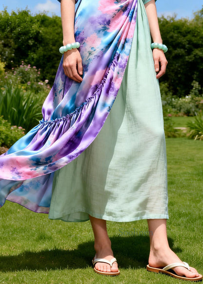 Stylish Purple Asymmetrical Patchwork Tie Dye Silk Long Dress Summer