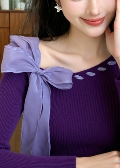 Stylish Purple Bow Solid Knit Sweater Winter