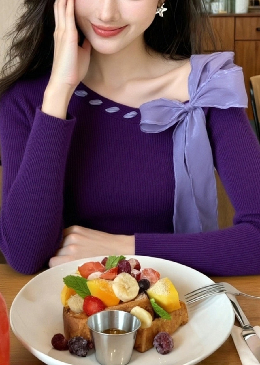 Stylish Purple Bow Solid Knit Sweater Winter