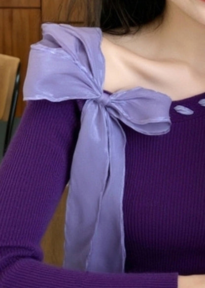Stylish Purple Bow Solid Knit Sweater Winter