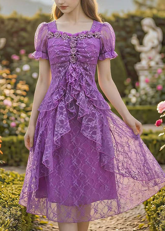 Stylish Purple Embroidered Lace Mid Dress Summer