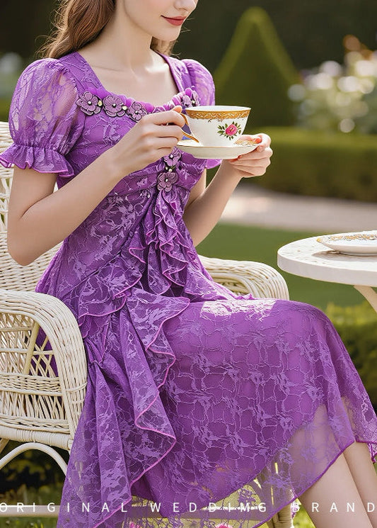 Stylish Purple Embroidered Lace Mid Dress Summer
