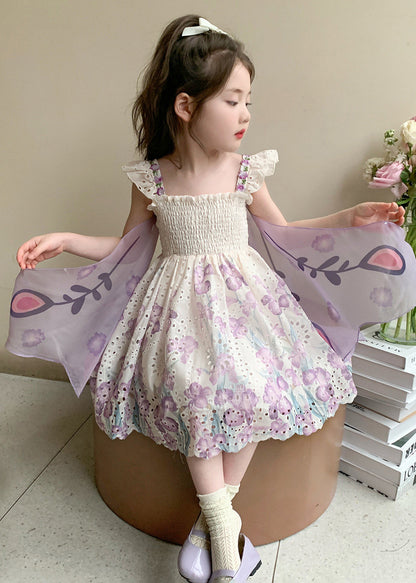 Stylish Purple Embroideried Butterfly Cotton Baby Girls Holiday Dress Summer