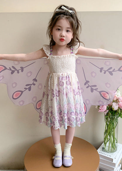Stylish Purple Embroideried Butterfly Cotton Baby Girls Holiday Dress Summer
