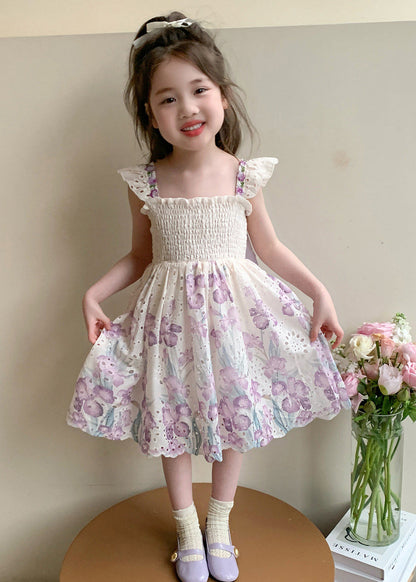 Stylish Purple Embroideried Butterfly Cotton Baby Girls Holiday Dress Summer
