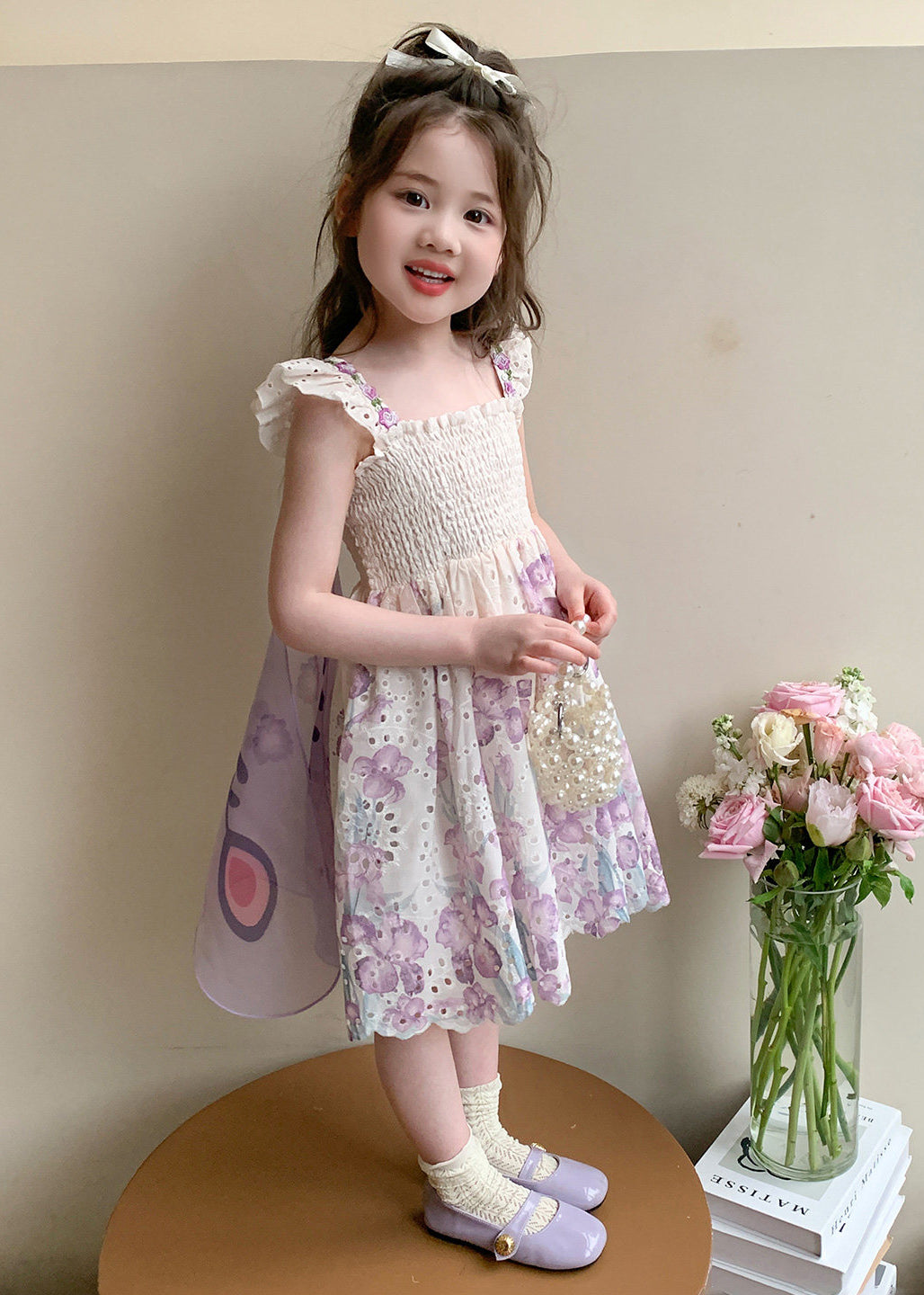Stylish Purple Embroideried Butterfly Cotton Baby Girls Holiday Dress Summer