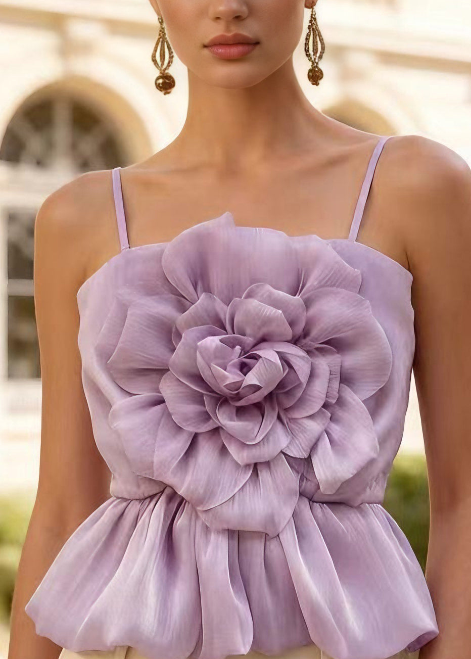 Stylish Purple Floral Tulle Spaghetti Strap Top Summer