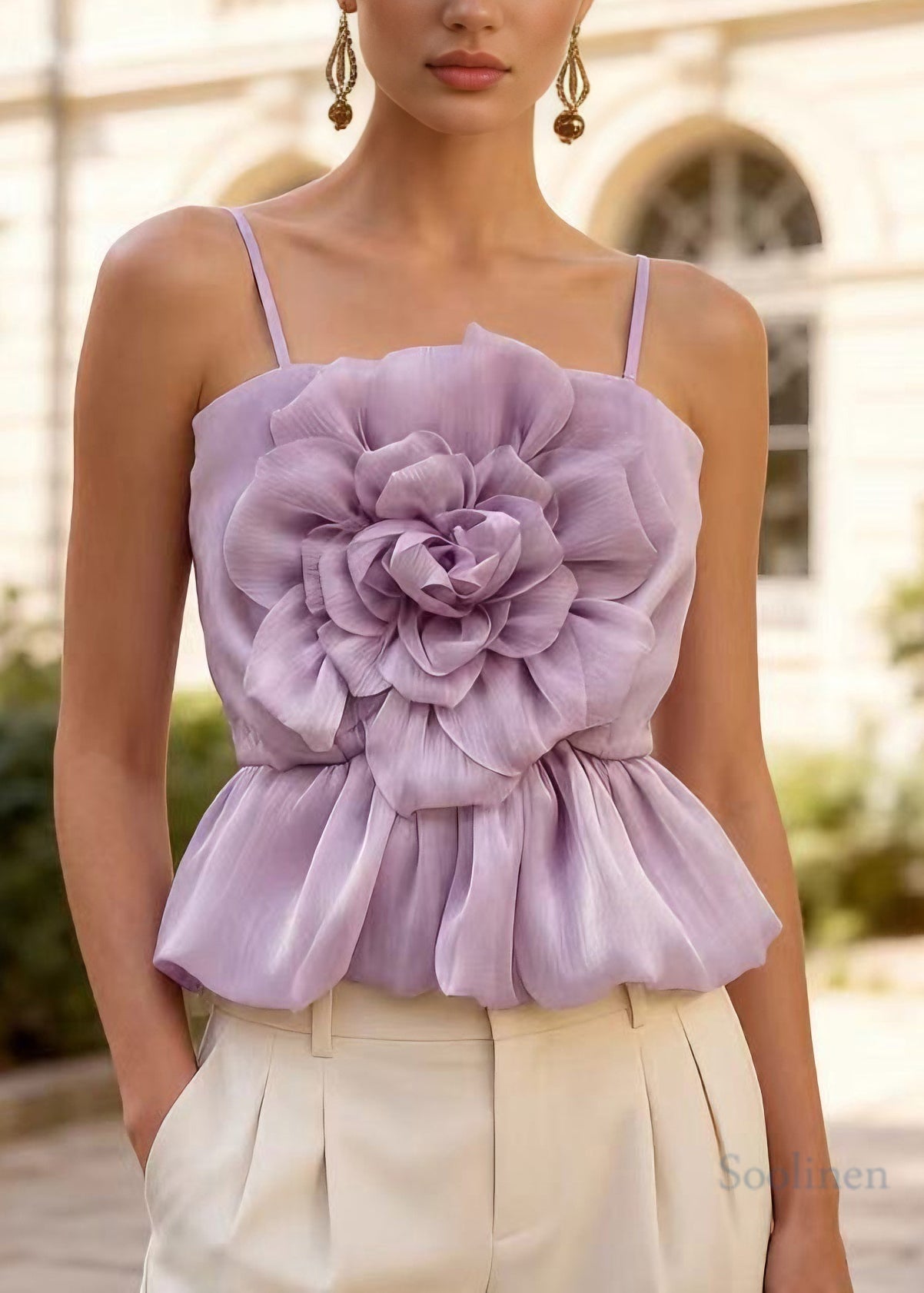 Stylish Purple Floral Tulle Spaghetti Strap Top Summer