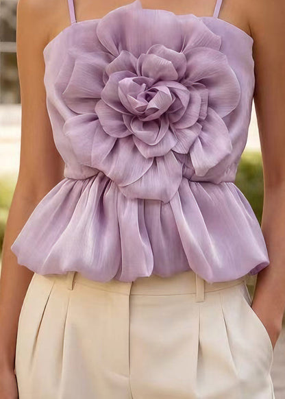 Stylish Purple Floral Tulle Spaghetti Strap Top Summer