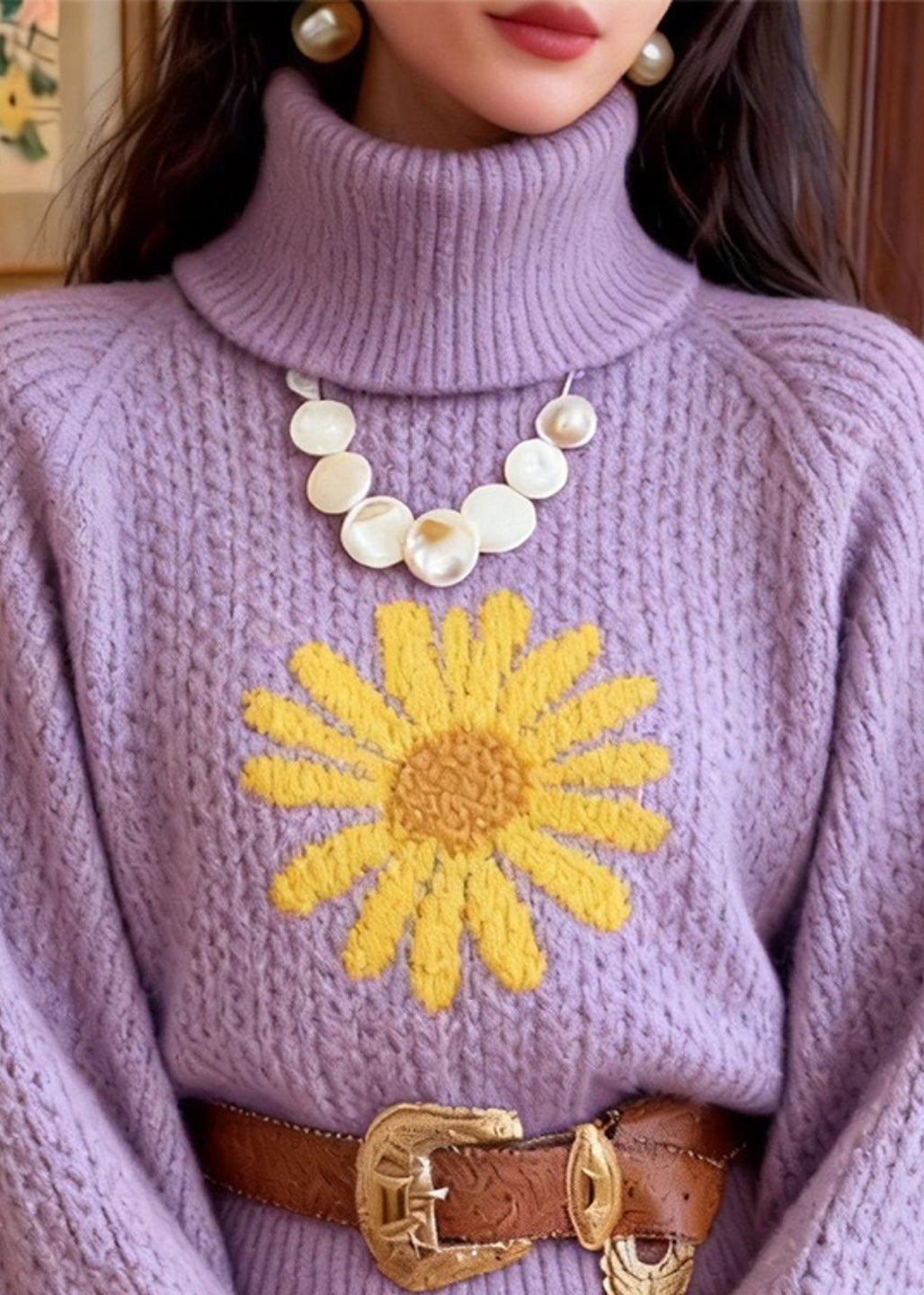 Suéter corto de punto jacquard con cuello alto morado y elegante para invierno.