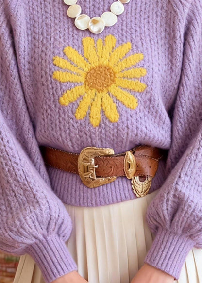 Suéter corto de punto jacquard con cuello alto morado y elegante para invierno.