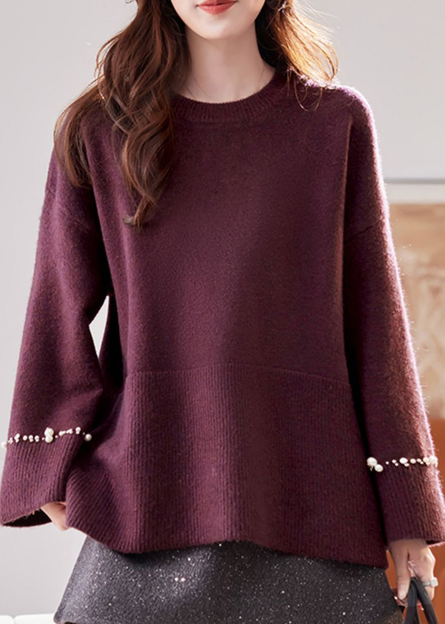 Stylish Purple O-Neck Cozy Thick Cotton Knit Sweater Batwing Sleeve