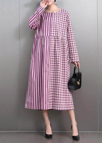 Stylish Purple O-Neck Patchwork Dot Maxi Dress Fall