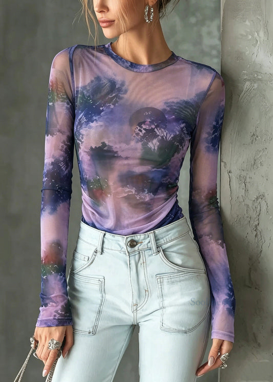 Stylish Purple O Neck Tie Dye Tulle Top Summer