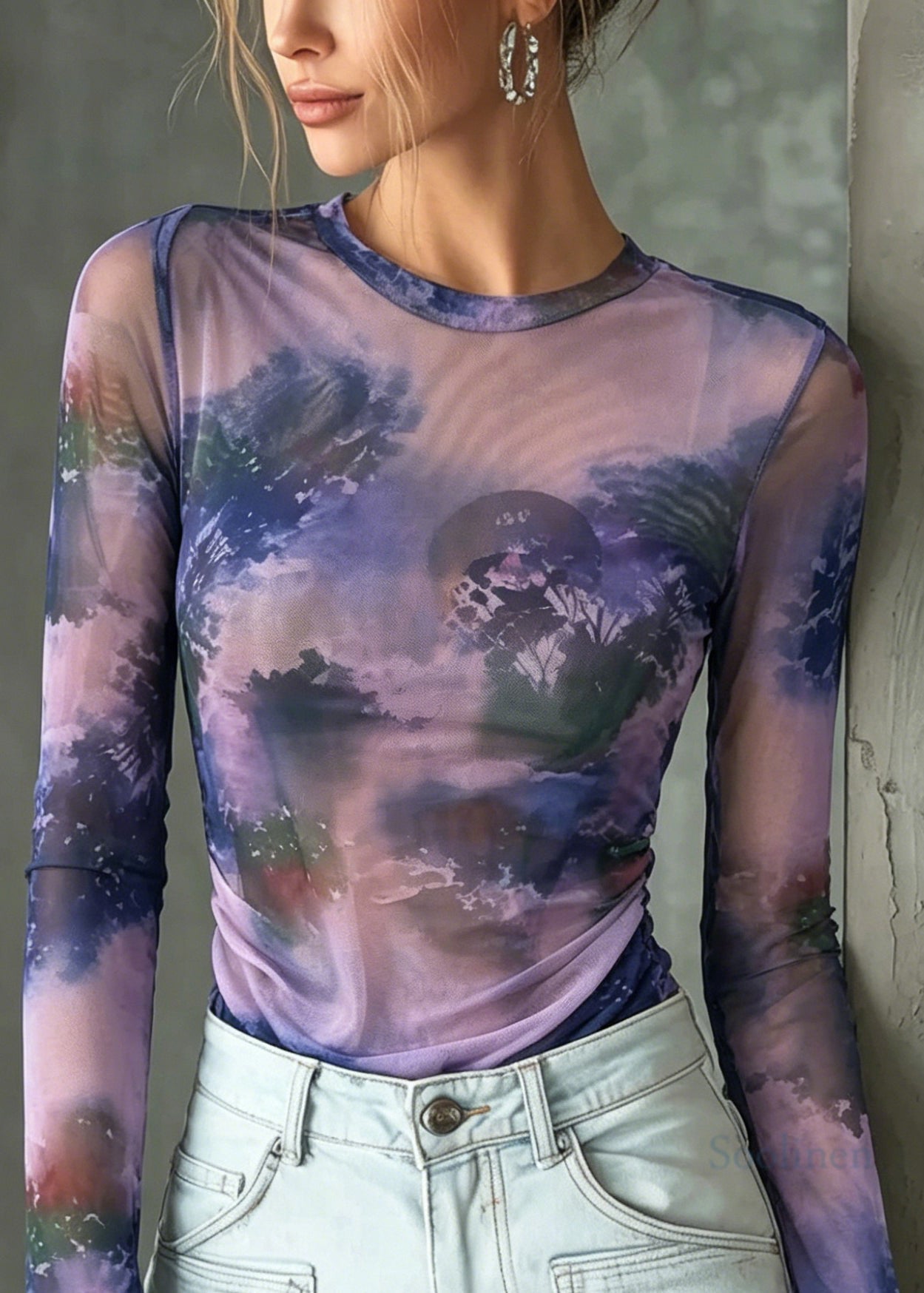 Stylish Purple O Neck Tie Dye Tulle Top Summer
