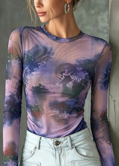 Stylish Purple O Neck Tie Dye Tulle Top Summer