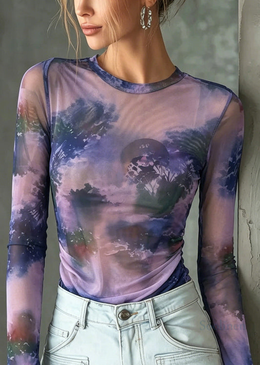 Stylish Purple O Neck Tie Dye Tulle Top Summer