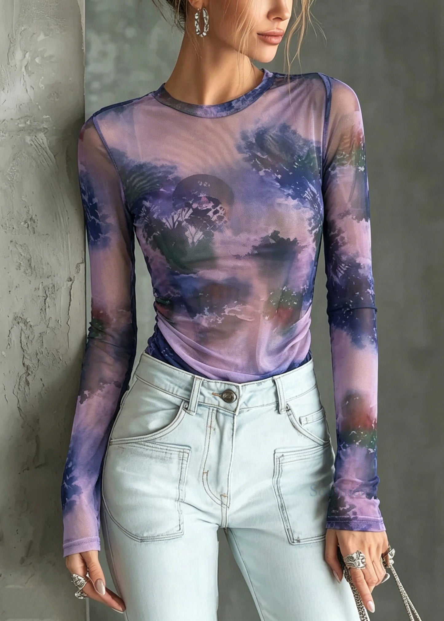 Stylish Purple O Neck Tie Dye Tulle Top Summer