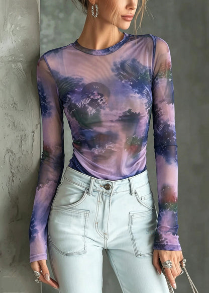 Stylish Purple O Neck Tie Dye Tulle Top Summer