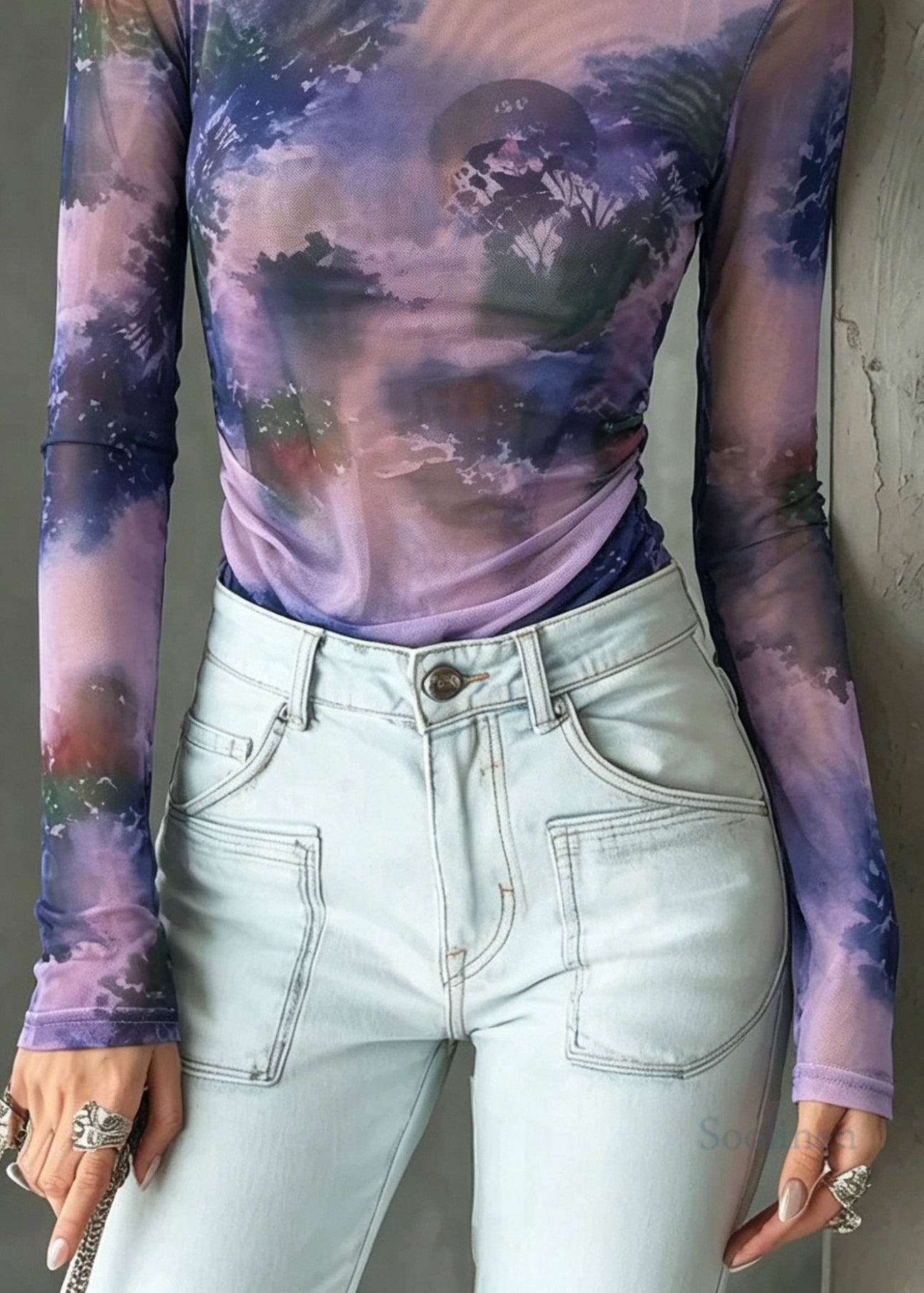 Stylish Purple O Neck Tie Dye Tulle Top Summer