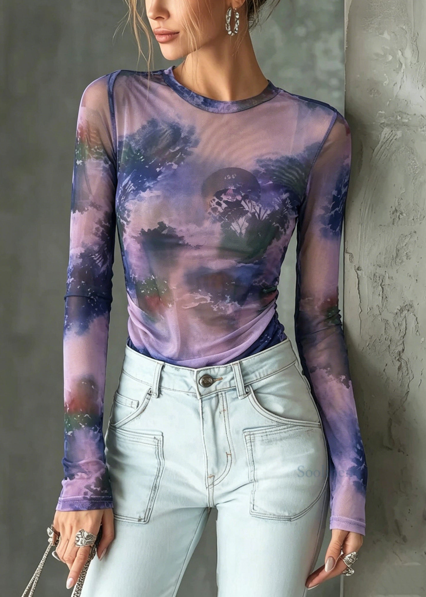 Stylish Purple O Neck Tie Dye Tulle Top Summer