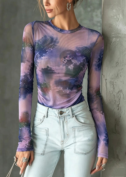 Stylish Purple O Neck Tie Dye Tulle Top Summer