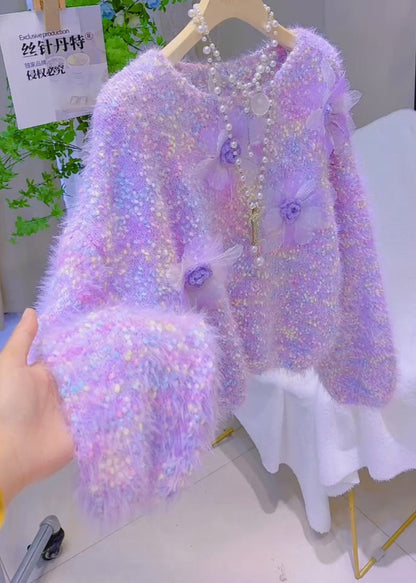 Stylish Purple Oversized Floral Knit Shirts Winter