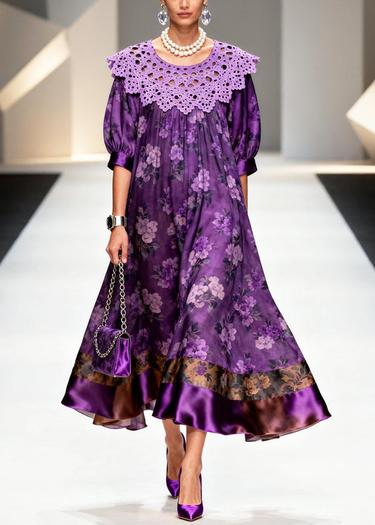 Stylish Purple Oversized Patchwork Hollow Out Silk Dinner Dress Summer