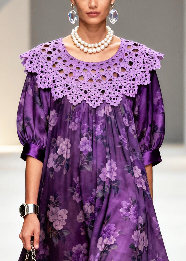 Stylish Purple Oversized Patchwork Hollow Out Silk Dinner Dress Summer