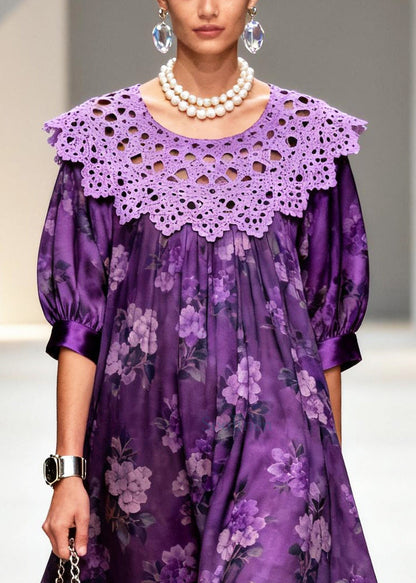 Stylish Purple Oversized Patchwork Hollow Out Silk Dinner Dress Summer