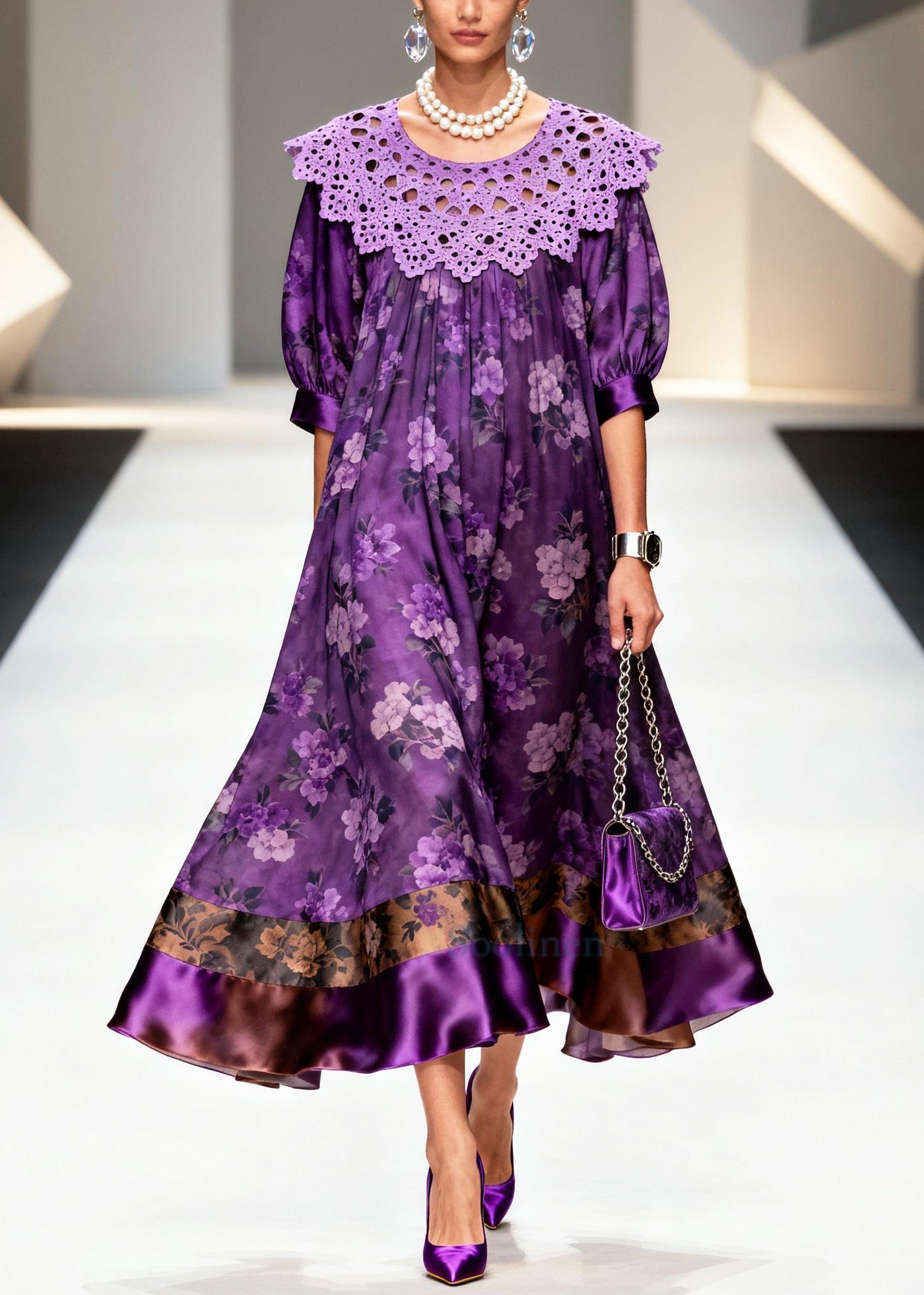 Stylish Purple Oversized Patchwork Hollow Out Silk Dinner Dress Summer