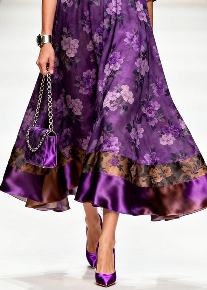 Stylish Purple Oversized Patchwork Hollow Out Silk Dinner Dress Summer