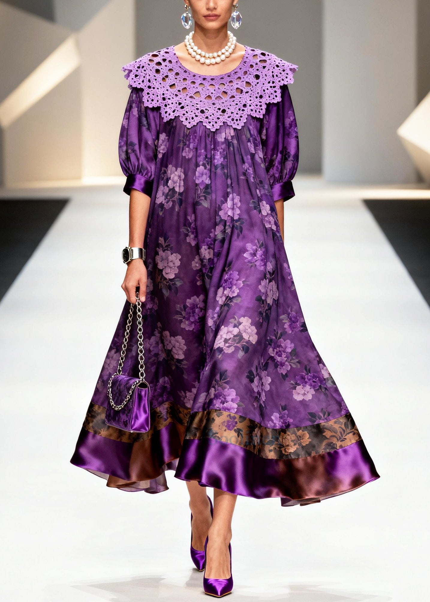 Stylish Purple Oversized Patchwork Hollow Out Silk Dinner Dress Summer