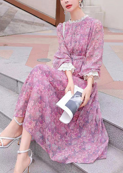 Stilvolle Lila Print Spitze Patchwork Chiffon Urlaub Kleid Sommer