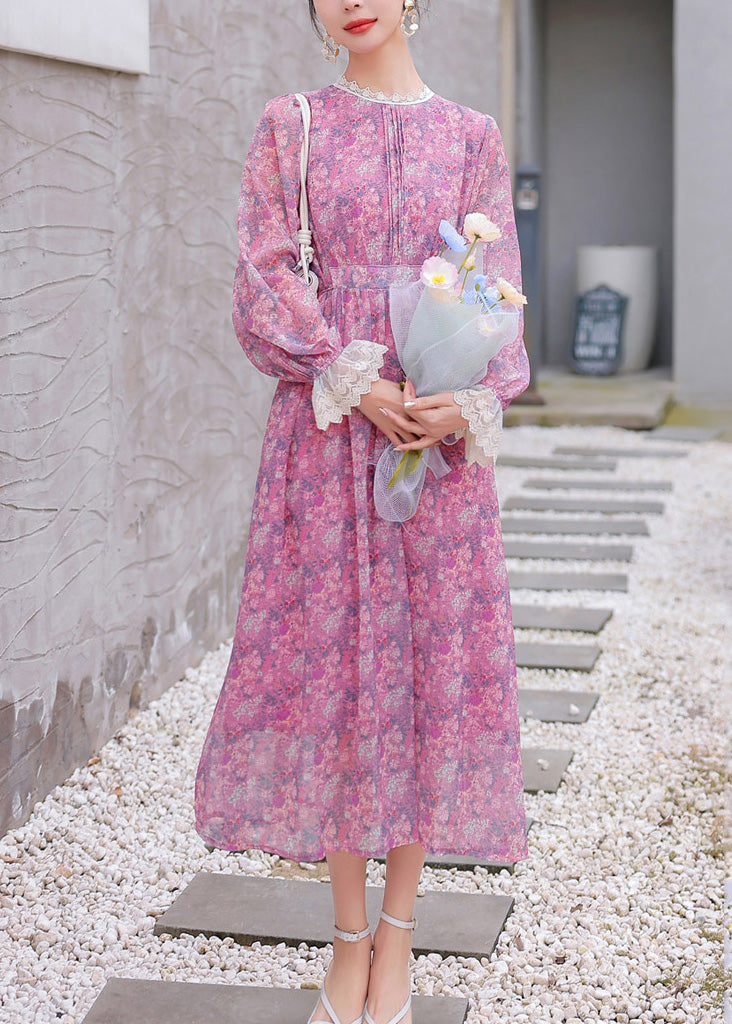 Stilvolle Lila Print Spitze Patchwork Chiffon Urlaub Kleid Sommer
